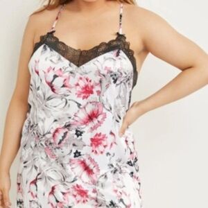 Cacique Nightie Lace Strappy Open Back Black  Floral Print White  Womens 24/26